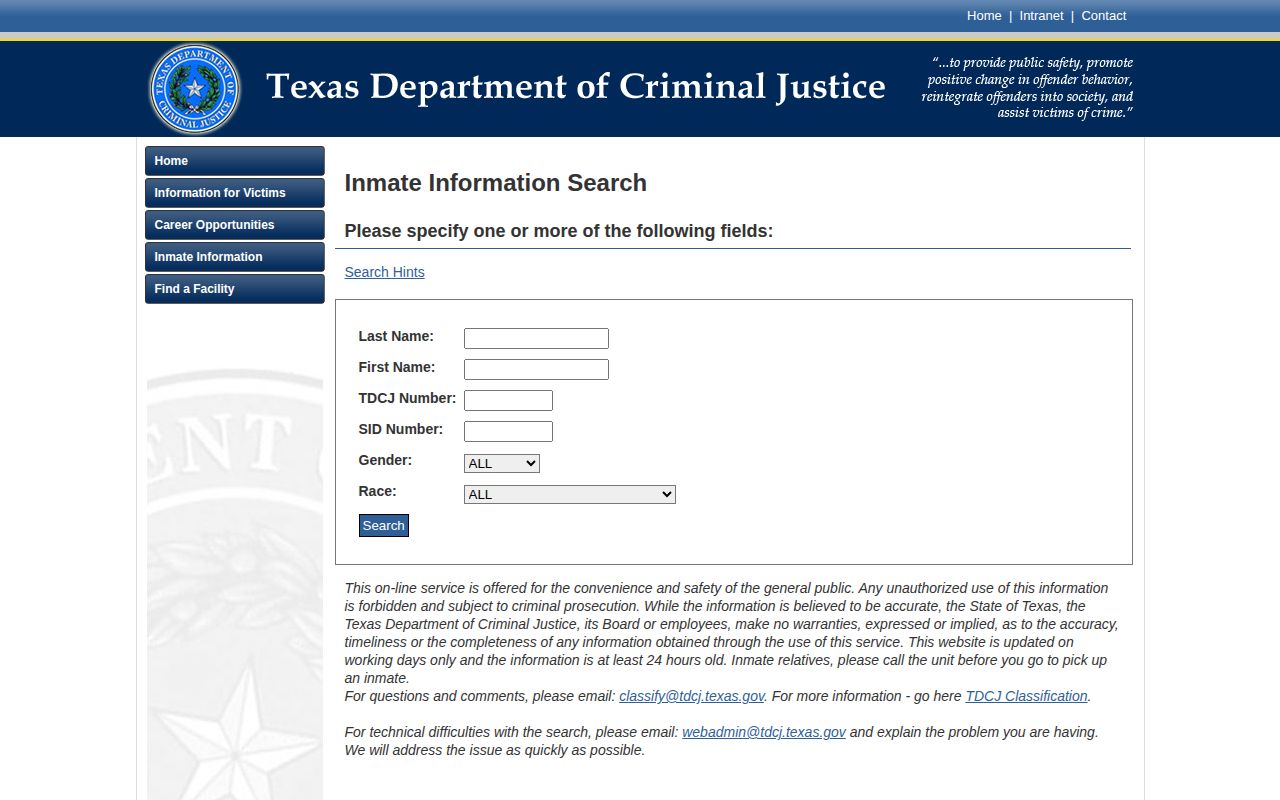 TDCJ current inmate search used after a Young County transfer