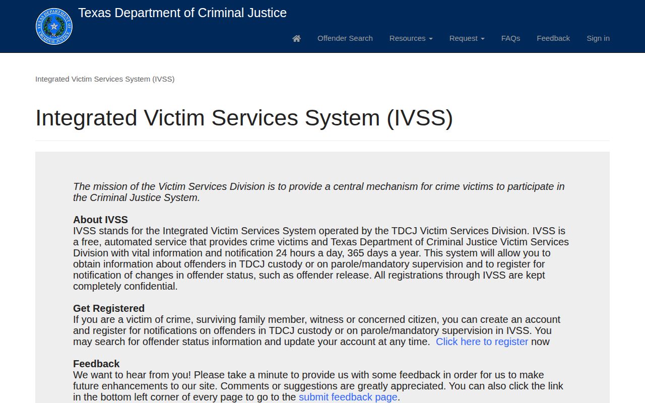 Young County state prison release check through the separate TDCJ IVSS portal