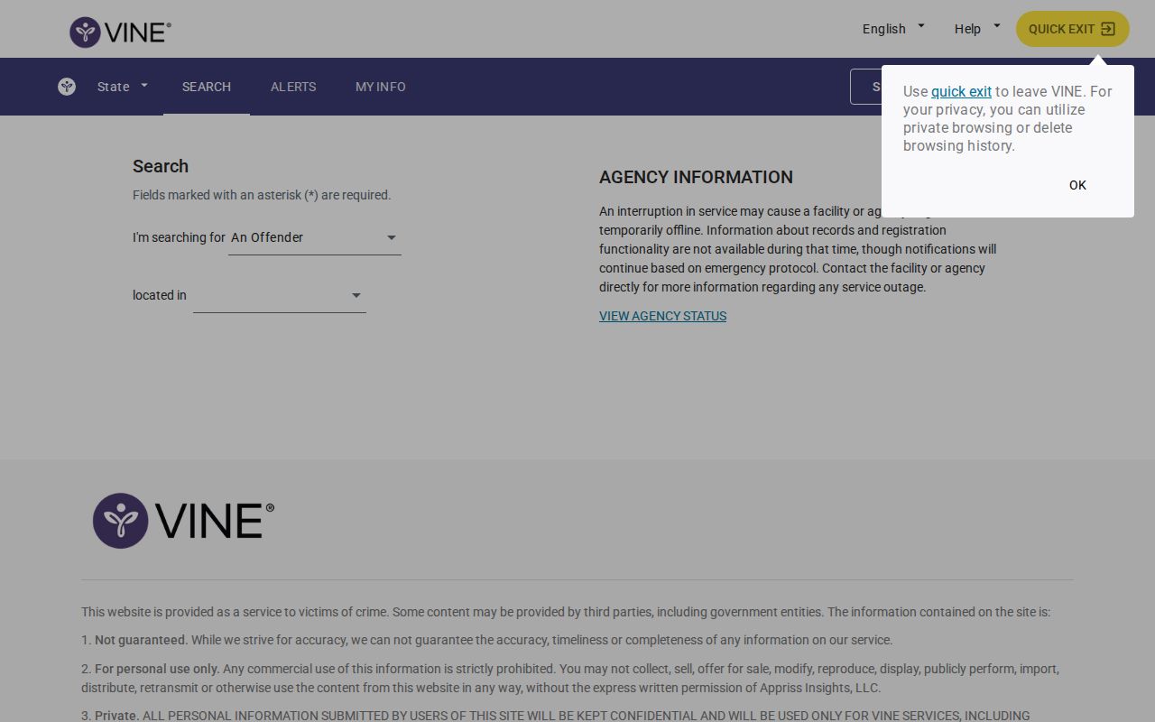 Young County VINELink release notification registration screen